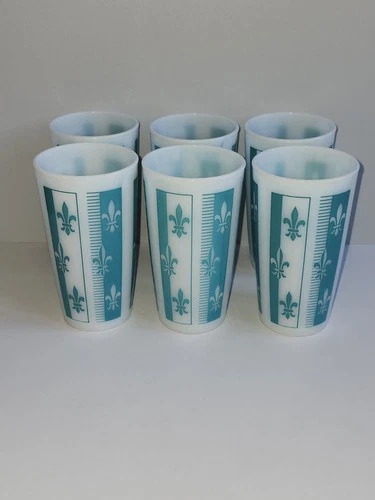 Hazel Atlas Milk Glass Turquoise Fleur De Lis Tumbler Set Of 6 MCM Vintage 1950s