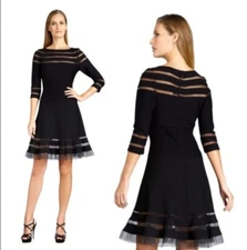 Tadashi Shoji Mesh Illusion Stripe Fit &Flare Dress Black Semi Sheer Petite S