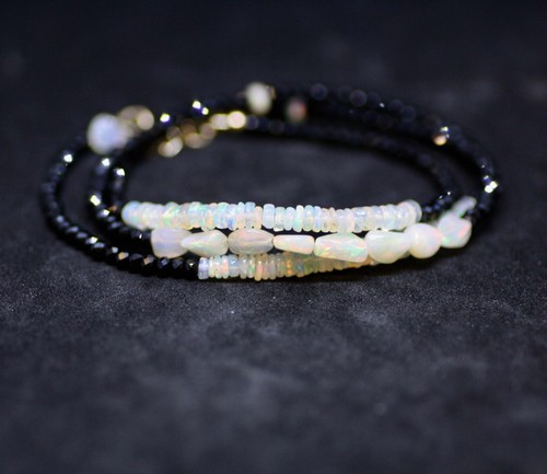 Natural Black Spinel Welo Opal Necklace Wrap Bacelet Solid 14k Gold 21.25" - 22" - Picture 4 of 9