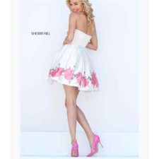 Sherri Hill women's white pink satin princess printed short formal dress Sz S