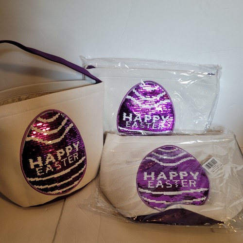 Happy Easter Sequin Easter Egg Baskets, Gift Carry Eggs Canvas Easter Tote Candy - Picture 6 of 7