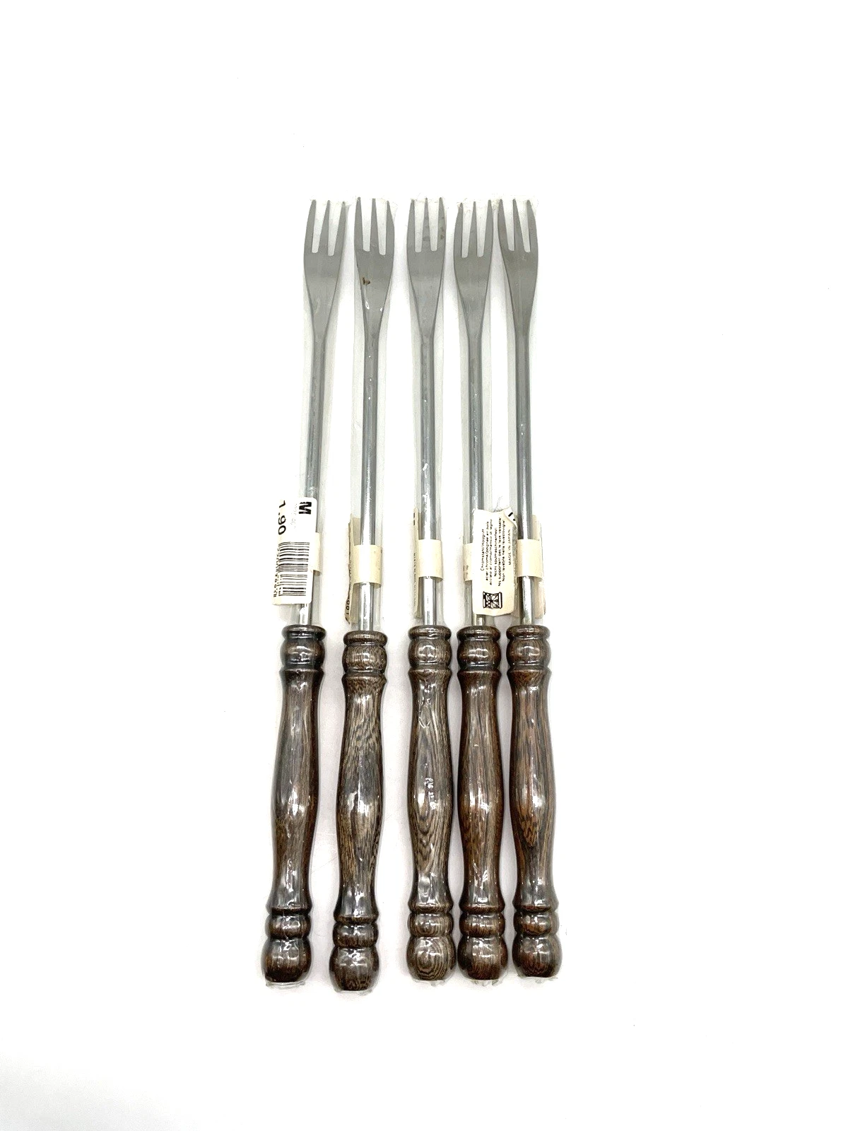 NEW Vintage Set of 5 German IHQ Fondue Forks, Stainless Steel Wood/Teak Handle
