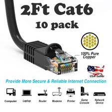 2Ft CAT6 Ethernet Cable Lan Network CAT6 Internet Modem RJ45 Patch Cord Black