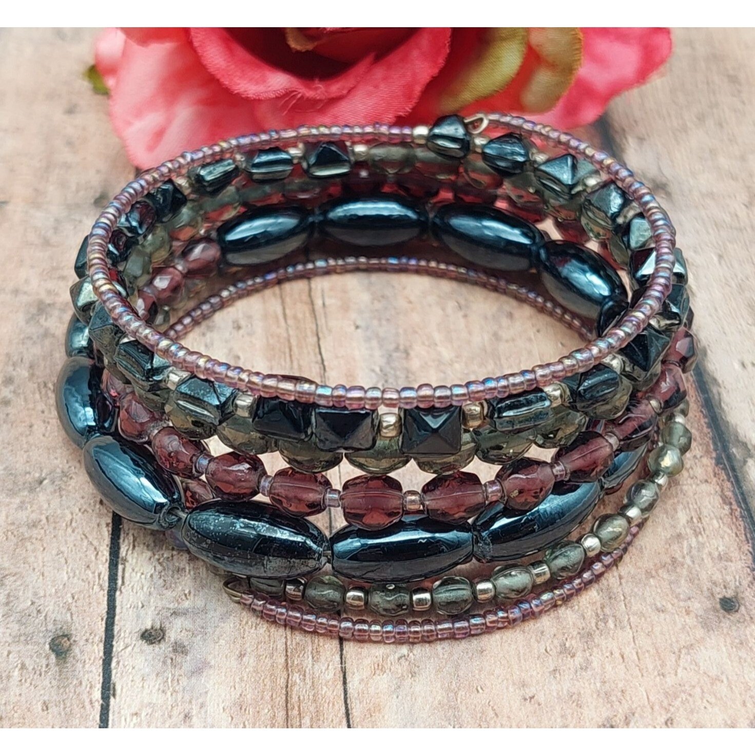 Boho Beaded Memory Wrap Bracelet Multi Strand Pur… - image 6