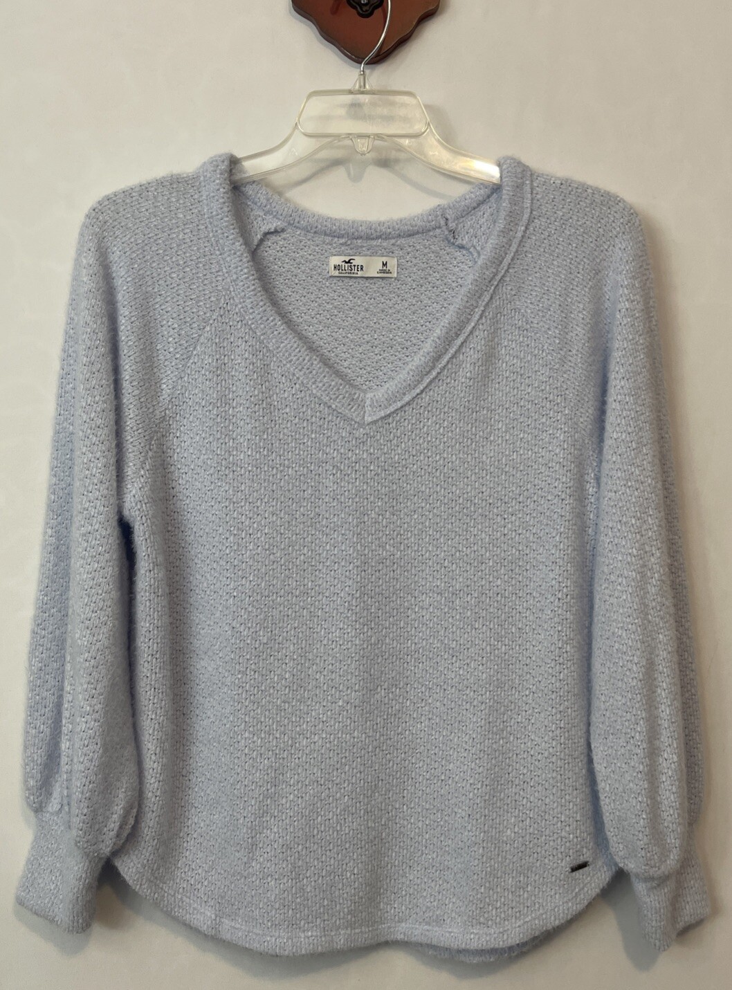 Hollister Womens Medium Vneck Blue Knit Pullover Puff-Sleeve Soft Sweater! A2927