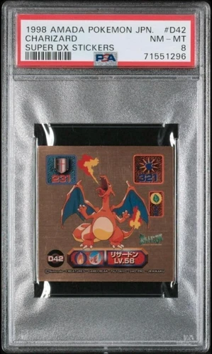 Pokemon  Sealdass 1998 AMADA Charizard D42 GOLD Super DX Stickers Japanese PSA8