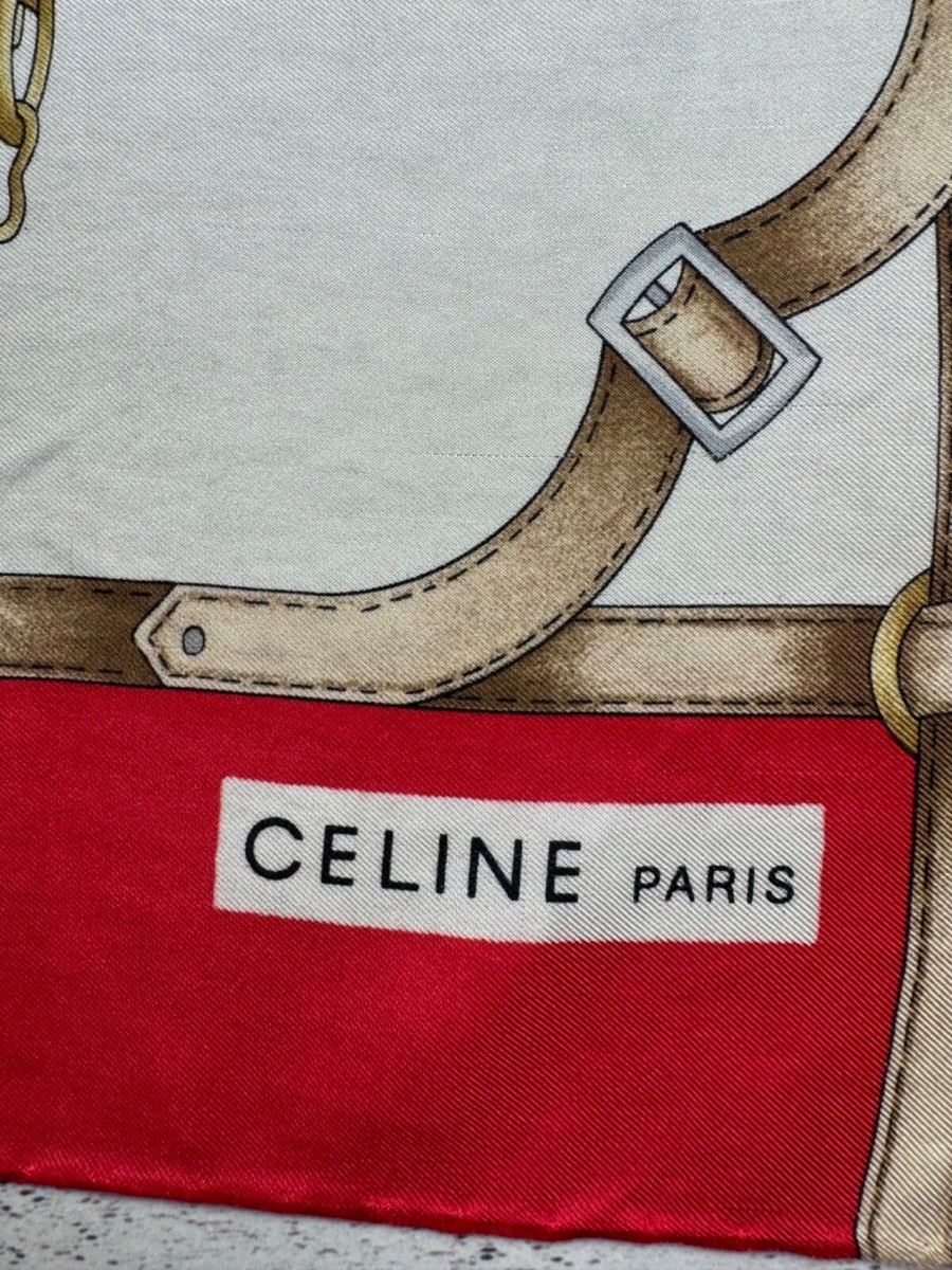 Vintage Celine Paris 90S Skif Gold Red Luxury Designer 100% Silk