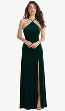 Dessy LB034....High Neck Halter Open-Back Velvet Dress...Evergreen...Size 10