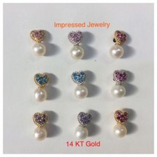 14K Yellow/White Gold Fresh Water Heart Pearl with stone Screw Back Stud Earring