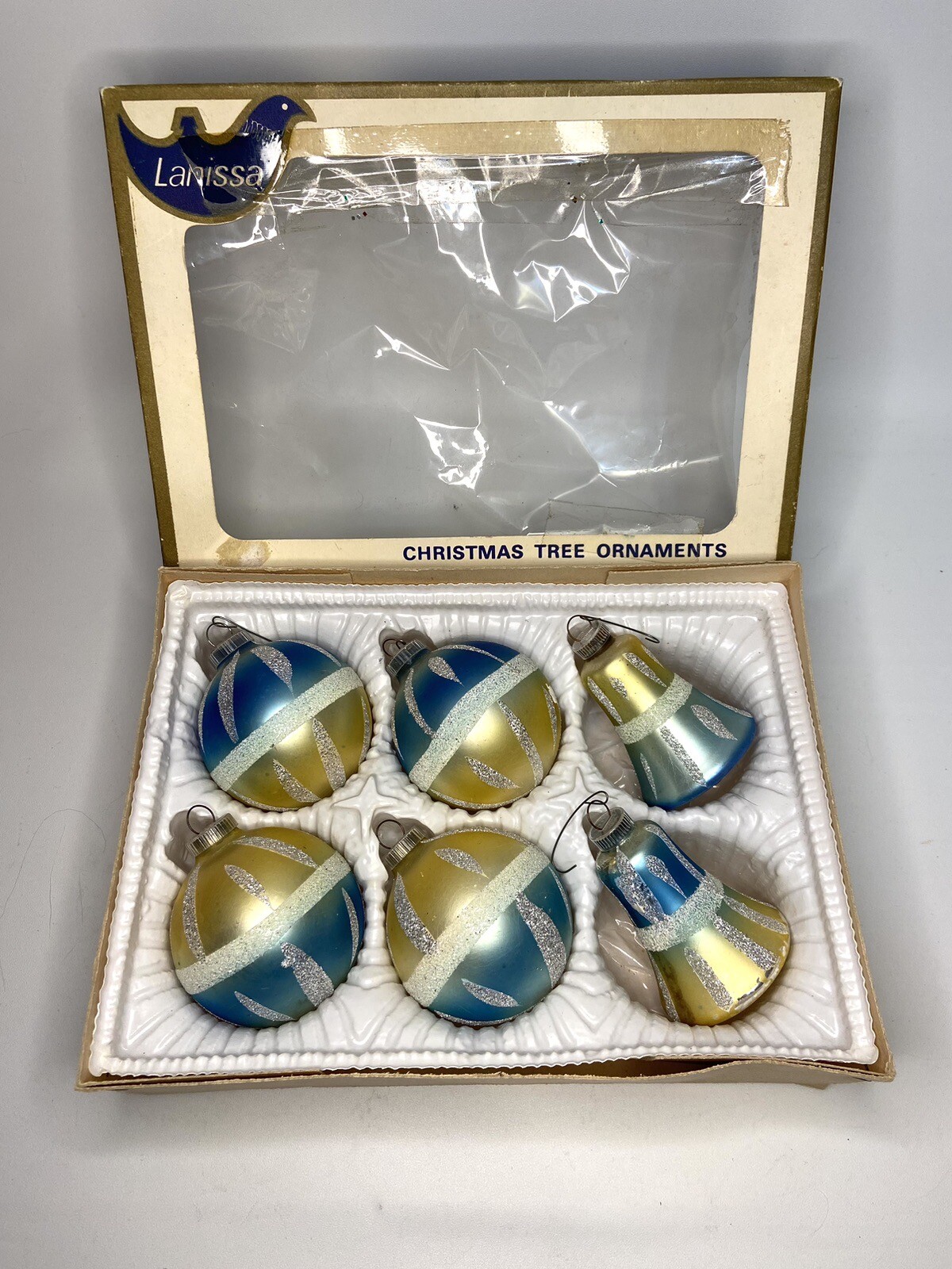 Vintage Glass Christmas Ornaments Lanissa Blue Yellow Glitter Set of 6