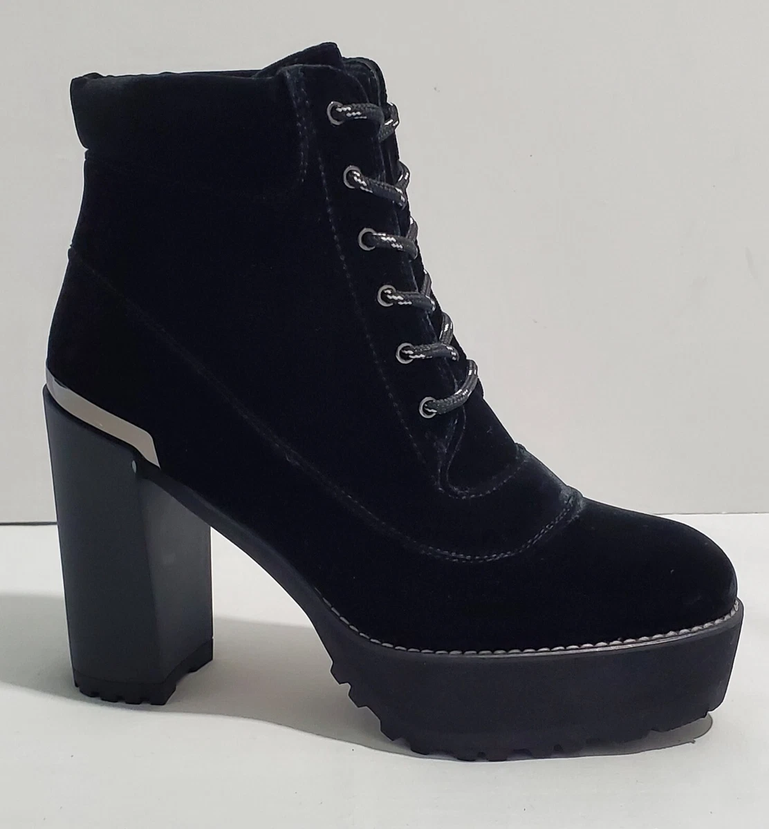 Black velvet top lace up boots