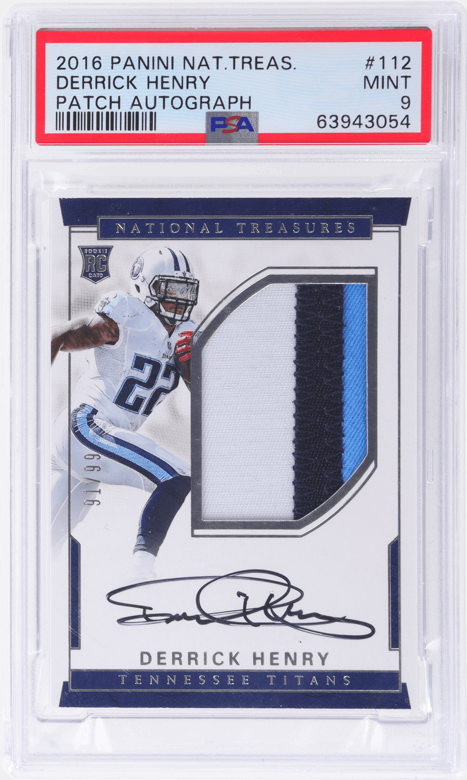 2016 National Treasures Derrick Henry Rookie Patch Auto #112 /99 PSA 9 RC