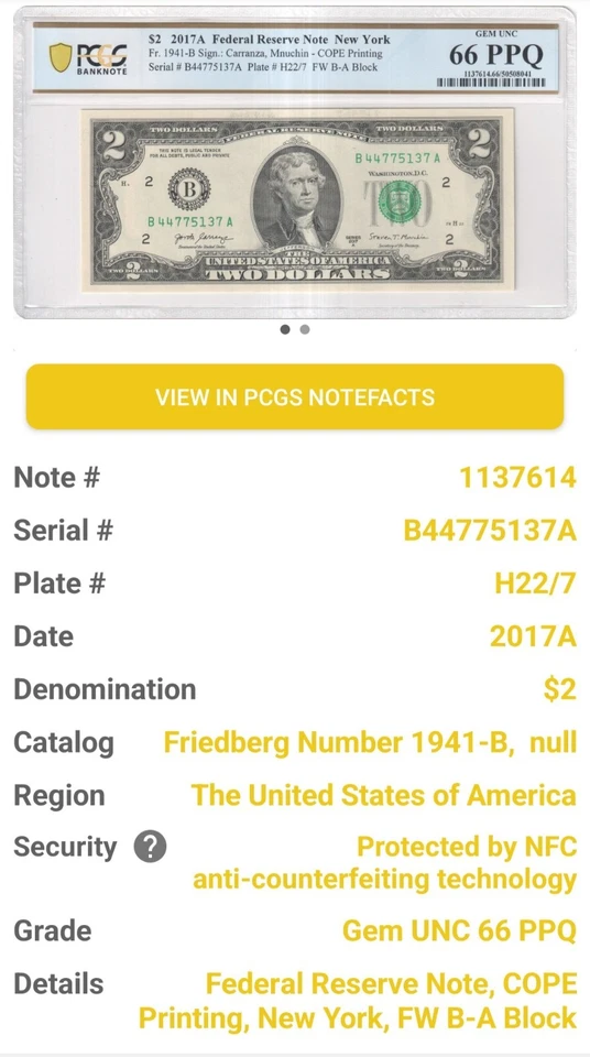 2 X $2 2017A Dollar Bill Gem Unc PCGS 66 PPQ 2 Consecutive Serials Two Pairs  - Image 4 of 4