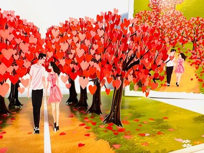 Love Heart Cherry Blossom Forest with a Couple Origami Pop Cards Valentine Gift