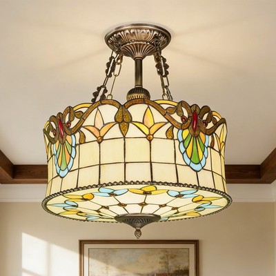 17'Vintage Tiffany Cylindrical Yurt Pendant Light With 5 Light Sources, New Lamp