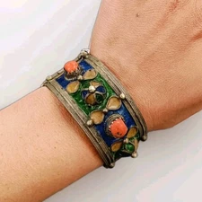 Antique Berber Tribal Cuff Bracelet Silver Coral Enamel Kabyle Algerian  Algeria