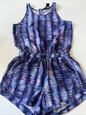 Athleta Girl On The Go Tie Dye Romper Small 7 Blue Purple Zip Pockets Drawstring