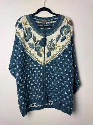 Vintage Lane Bryant Designs & Co Reißverschluss Strick Cardigan blau Blumen Passe 14/16