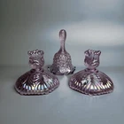 FENTON 95th Anniv Pink Iridescent Art Glass Candlesticks Bell Set ✨