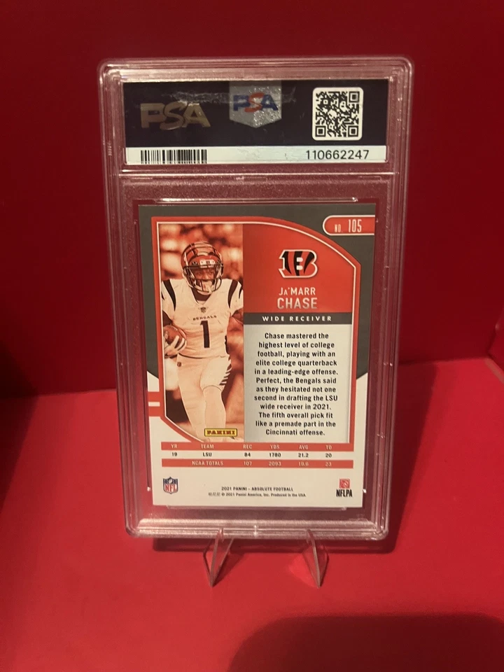2021 Panini Absolute - Rookies Ja'Marr Chase #105 Red Squares /499 (RC) PSA 10 - Image 2 of 2