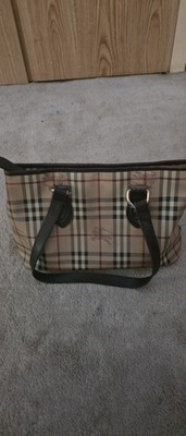 Burberry Classic Beige Plaid Large Zip Tote Shoulder Bag Black Straps