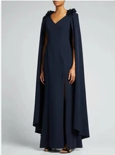 MARCHESA NOTTE Sleeveless Cape Gown in Crepe Designer Size8 Navy Blue