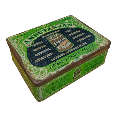 Vintage Old Antique Amrut anjan Pan Balm Litho. Print Tin Box , Collectible