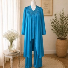 Vintage Vanity Fair Teal Butterfly Lace 3 Piece Nylon Pajama Set Robe Small NWOT