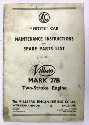 #ad AC Petite Car Owners Handbook Spare Parts List c1955 Villiers Three Wheeler GBP 23.99