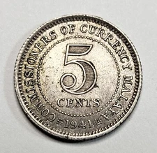 1941 Malaya 5 Five Cents - Silver Coin - .75 Fine - King George VI - British UK