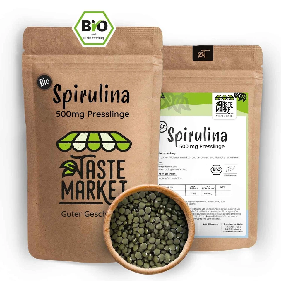 TASTE MARKET BIO Spirulina Presslinge | 2.000 Tabletten á 500mg | 1 kg | 100% reine Alge