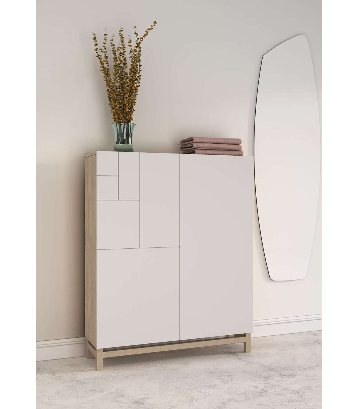 HERDASA, Recibidor zapatero modelo 515 acabado roble/blanco, 90x112x27 (ancho x