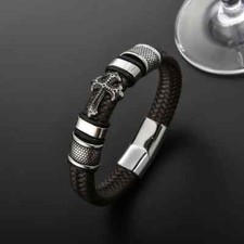Mens Black PU Leather Cross Bracelet Silver Accents Boho Retro FAITH Bangle