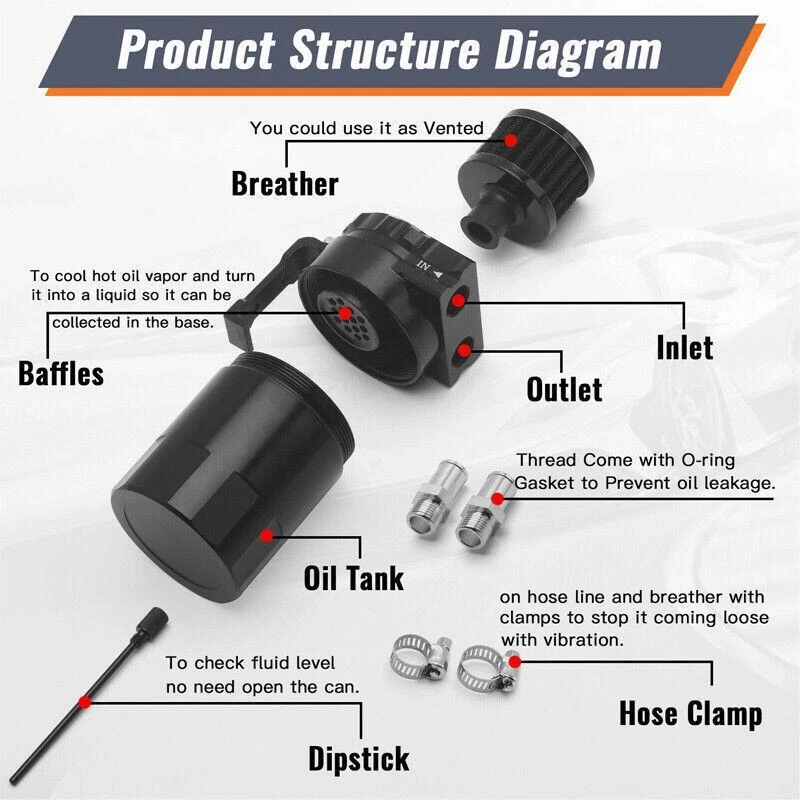  Aluminum 350ML Oil Catch Can & Breather Filter Baffled Reservoir Set Universal - Image 4 of 4