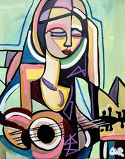 CORBELLIC EXPRESSIONISM 16X20 GUITAR WOMAN CUBIST FINE ART HOME INTERIOR DESIGN