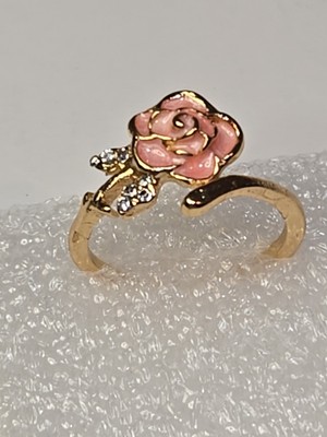 Pretty Pink Camelia Ring With Sparkling Zircon Inlay Adjustable Finger Ring