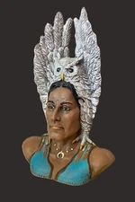 Vintage Ceramic Native American Head/Bust Owl Headdress Large Western Decor