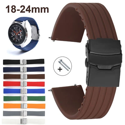 Folding Secure Lock Buckle Tire Pattern Rubber Watch Band 18 20mm 22 24mm Strap - Photo 1/4