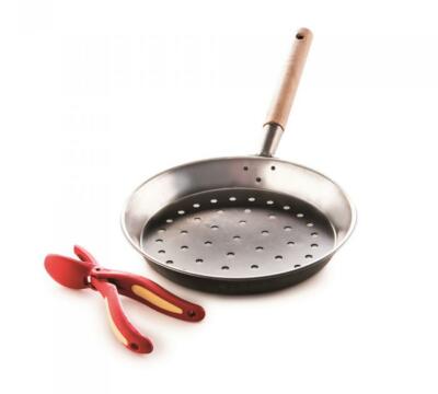 Padella Per Castagne Da 27 Cm Con Manico In Legno - Per Cottura Su Fornelli E Barbecue, Made In Italy