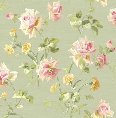 Wallpaper American Beauty Pink Rose Toss on Light Green Faux, 56 sq ft / bolt