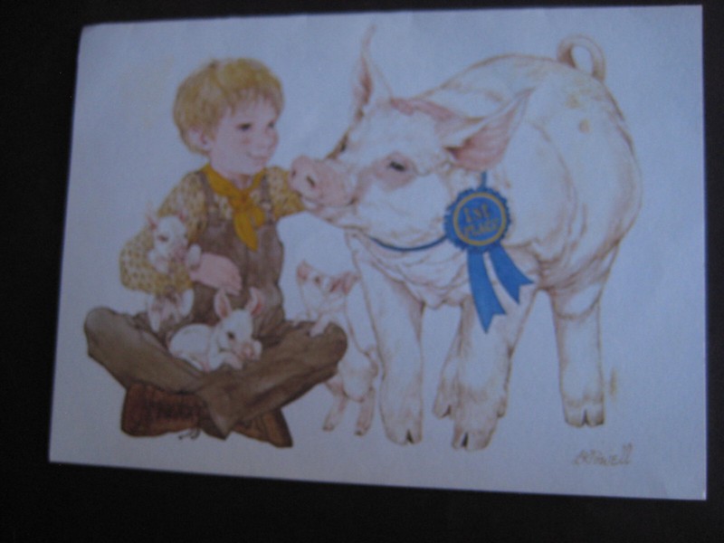 1980s vintage greeting card By Linda K. Powell NOTECARD Boy w/ Prize Pig