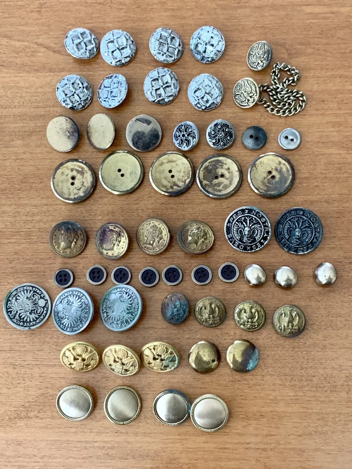 54 Metal Brass ButtonsAntique Vintage lot Uniform Military Coat Hessian Crafts - Image 2 of 4