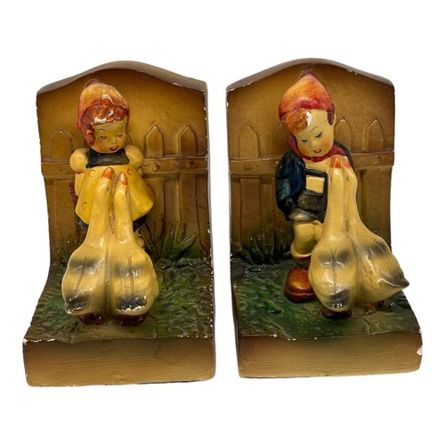 Vintage Chalkware Pair Of Bookends Boy & Girl With Geese Very Cute! - Picture 6 of 11