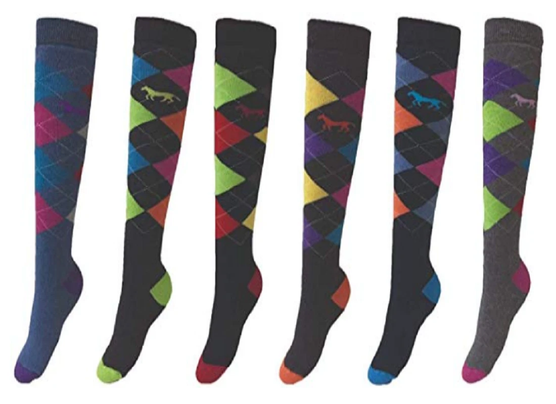 Womens Winter Argyle Horse Design Knee high Horse riding Socks UK 4-7 lot