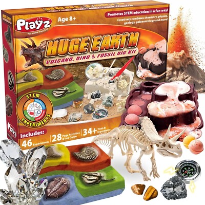Playz Huge Earth Volcano Dinosaur & Fossil Dig Kit Stem Science 8+ ~NEW~