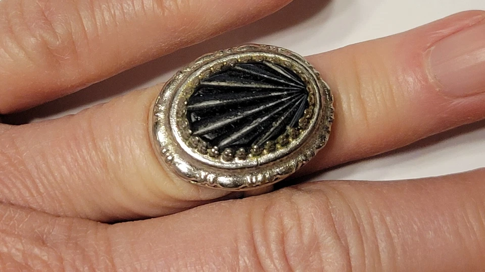 Vintage W & D Merlano Davis Intagliato Vetro Deco Sunburst Argento Mix Anello - Immagine 2 di 4