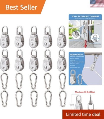 10Pcs M15 Stainless Steel Single Block with Spring Snap Hook - 80 lbs Max Load