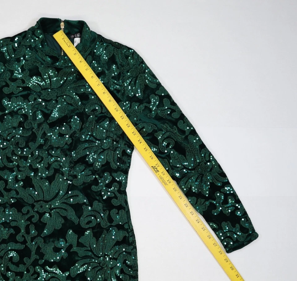 Venus Dress Womens Size 6 Dark Green Sequin Velvet Long Sleeve Mini Party Glam - Image 3 of 4