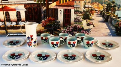 ANTHROPOLOGIE FRANCESCA KAYE MINT FLORAL DESSERT PLATES & MUGS (6), PITCHER -NIB