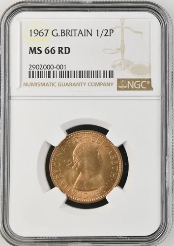 1967 Great Britain 1/2 Penny NGC MS 66 RD TOP POP (6/0) Bronze Half Penny RED